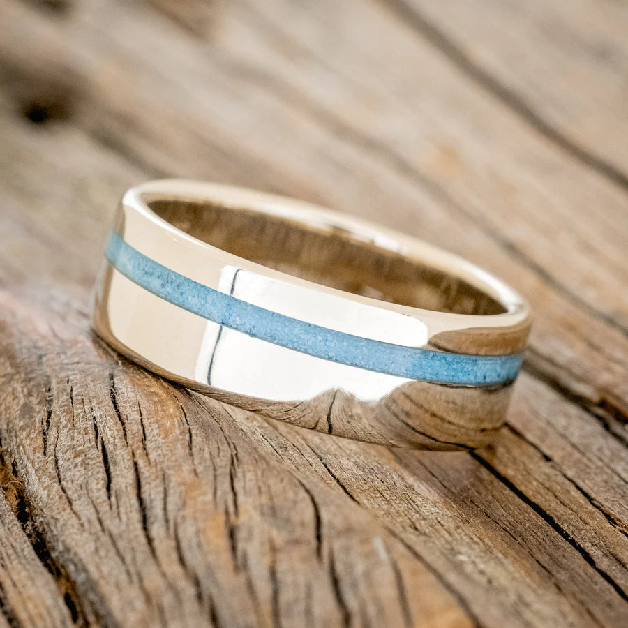 "VERTIGO" - CRUSHED TURQUOISE WEDDING RING - 14K WHITE GOLD - SIZE 10 1/2-Staghead Designs