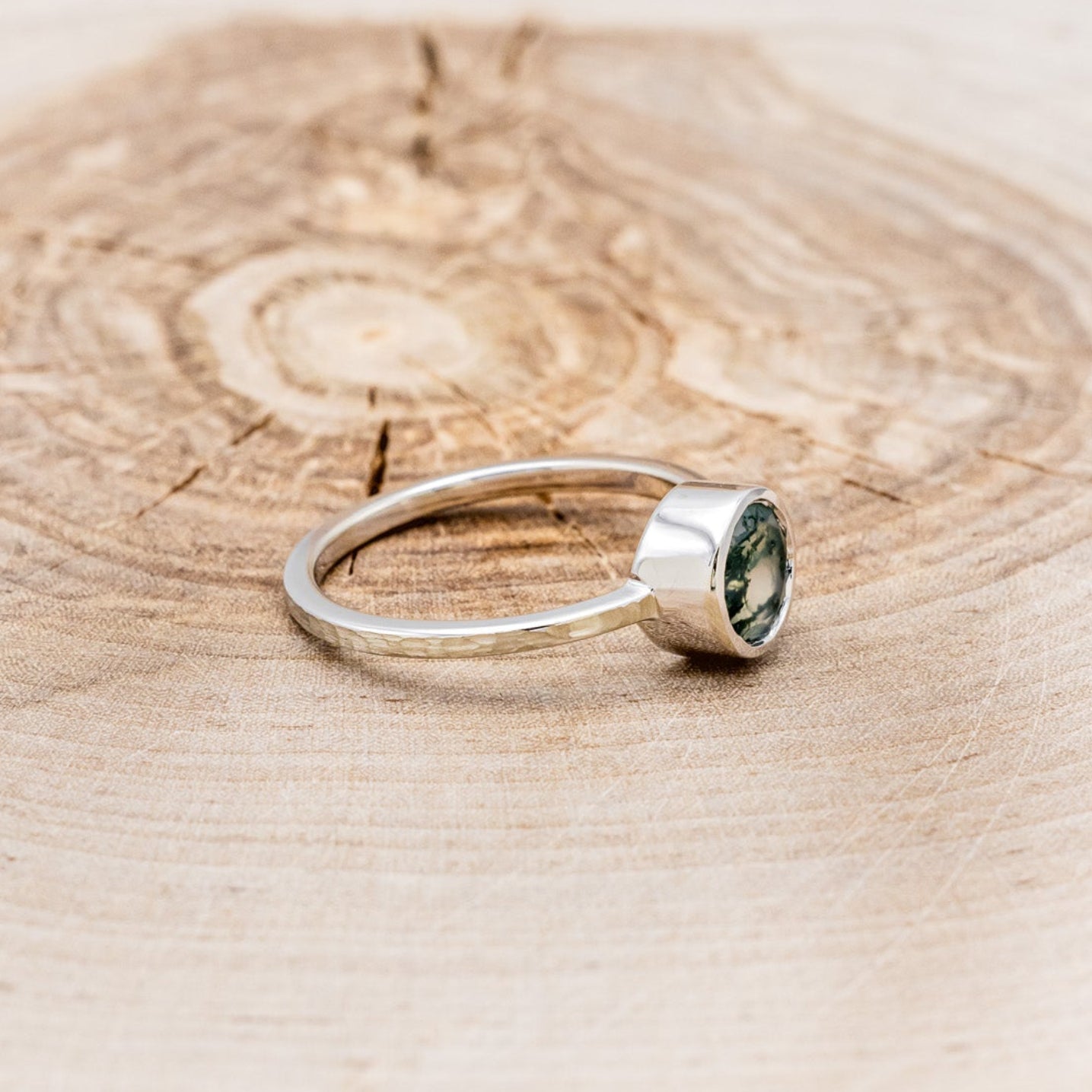 "EVELYN" - BEZEL SET MOSS AGATE SOLITAIRE ENGAGEMENT RING WITH TRACER IN A HAMMERED FINISH-8