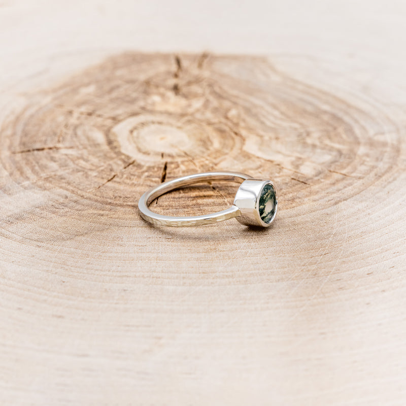 "EVELYN" - BEZEL SET MOSS AGATE SOLITAIRE ENGAGEMENT RING WITH TRACER IN A HAMMERED FINISH