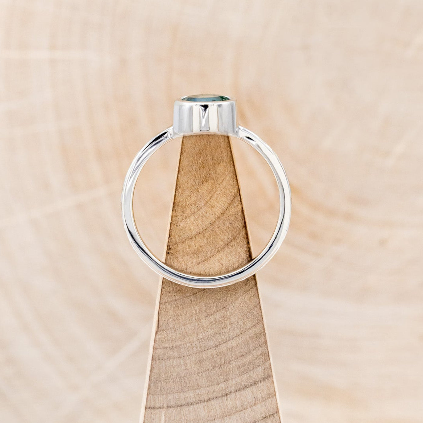 "EVELYN" - BEZEL SET MOSS AGATE SOLITAIRE ENGAGEMENT RING WITH TRACER IN A HAMMERED FINISH-12
