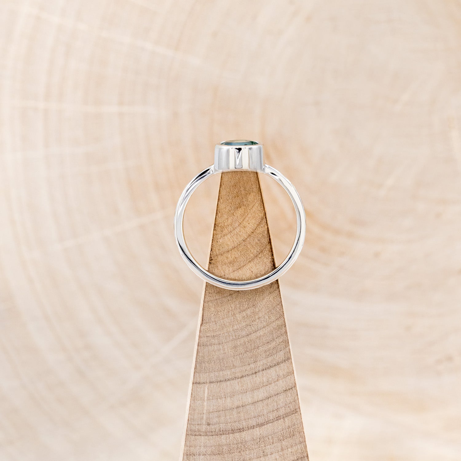 "EVELYN" - BEZEL SET MOSS AGATE SOLITAIRE ENGAGEMENT RING WITH TRACER IN A HAMMERED FINISH-12