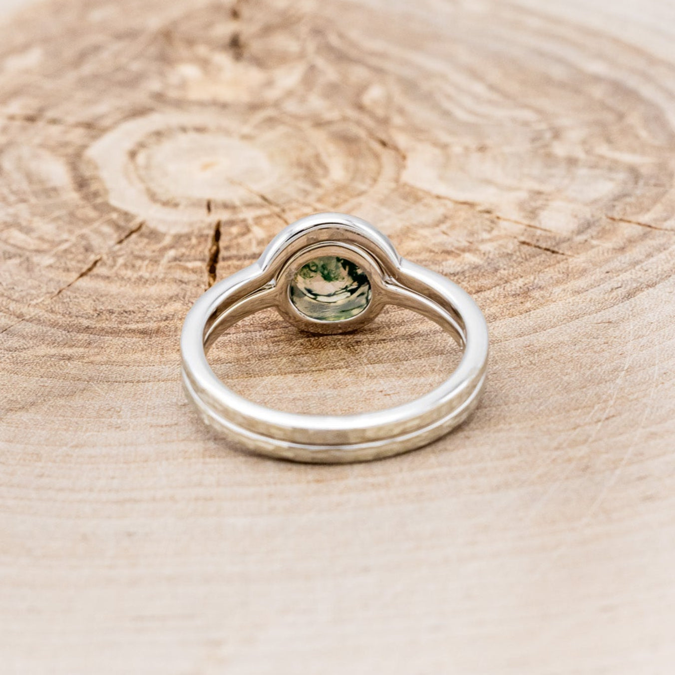 "EVELYN" - BEZEL SET MOSS AGATE SOLITAIRE ENGAGEMENT RING WITH TRACER IN A HAMMERED FINISH-5
