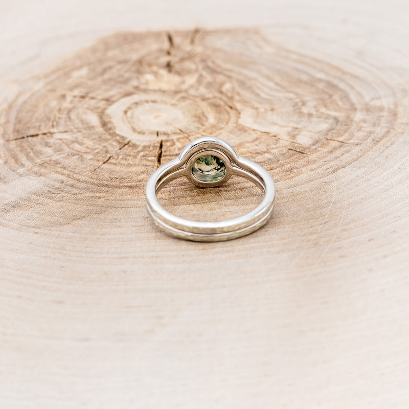 "EVELYN" - BEZEL SET MOSS AGATE SOLITAIRE ENGAGEMENT RING WITH TRACER IN A HAMMERED FINISH