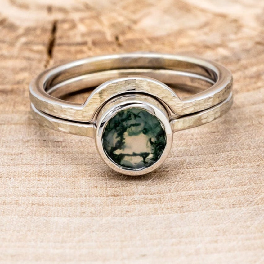 "EVELYN" - BEZEL SET MOSS AGATE SOLITAIRE ENGAGEMENT RING WITH TRACER IN A HAMMERED FINISH-4