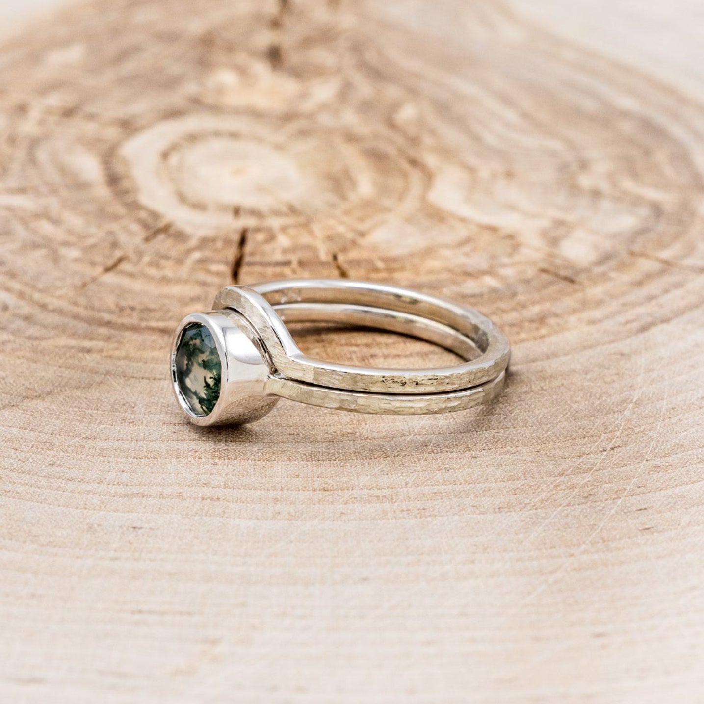 "EVELYN" - BEZEL SET MOSS AGATE SOLITAIRE ENGAGEMENT RING WITH TRACER IN A HAMMERED FINISH-3