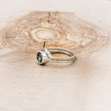 "EVELYN" - BEZEL SET MOSS AGATE SOLITAIRE ENGAGEMENT RING WITH TRACER IN A HAMMERED FINISH