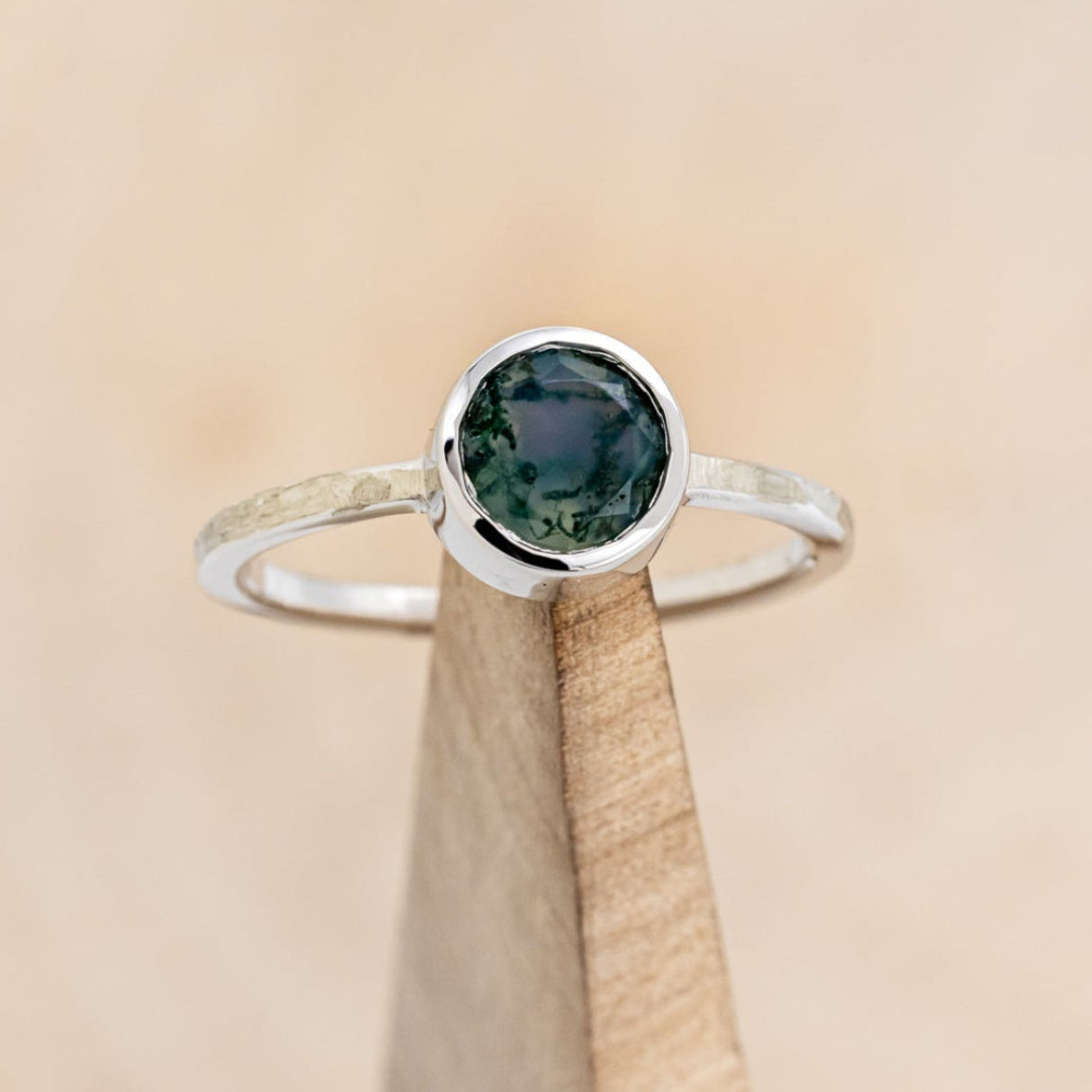 "EVELYN" - BEZEL SET MOSS AGATE SOLITAIRE ENGAGEMENT RING WITH TRACER IN A HAMMERED FINISH-6