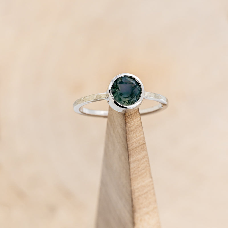 "EVELYN" - BEZEL SET MOSS AGATE SOLITAIRE ENGAGEMENT RING WITH TRACER IN A HAMMERED FINISH