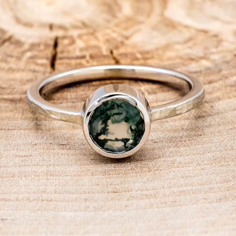 "EVELYN" - BEZEL SET MOSS AGATE SOLITAIRE ENGAGEMENT RING WITH TRACER IN A HAMMERED FINISH-10