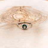 "EVELYN" - BEZEL SET MOSS AGATE SOLITAIRE ENGAGEMENT RING WITH TRACER IN A HAMMERED FINISH