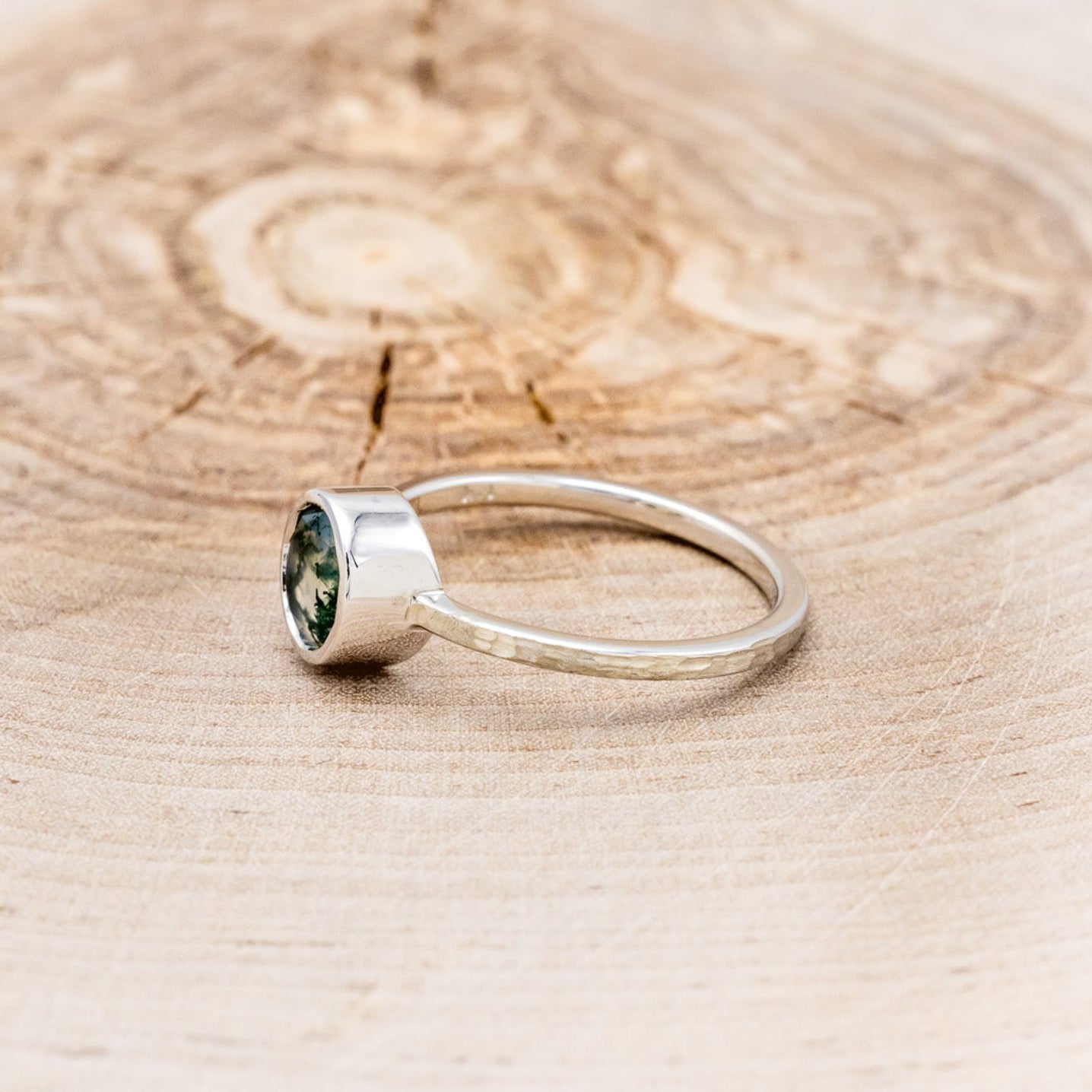 "EVELYN" - BEZEL SET MOSS AGATE SOLITAIRE ENGAGEMENT RING WITH TRACER IN A HAMMERED FINISH-9