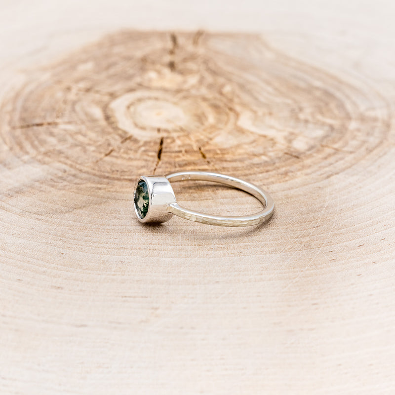 "EVELYN" - BEZEL SET MOSS AGATE SOLITAIRE ENGAGEMENT RING WITH TRACER IN A HAMMERED FINISH