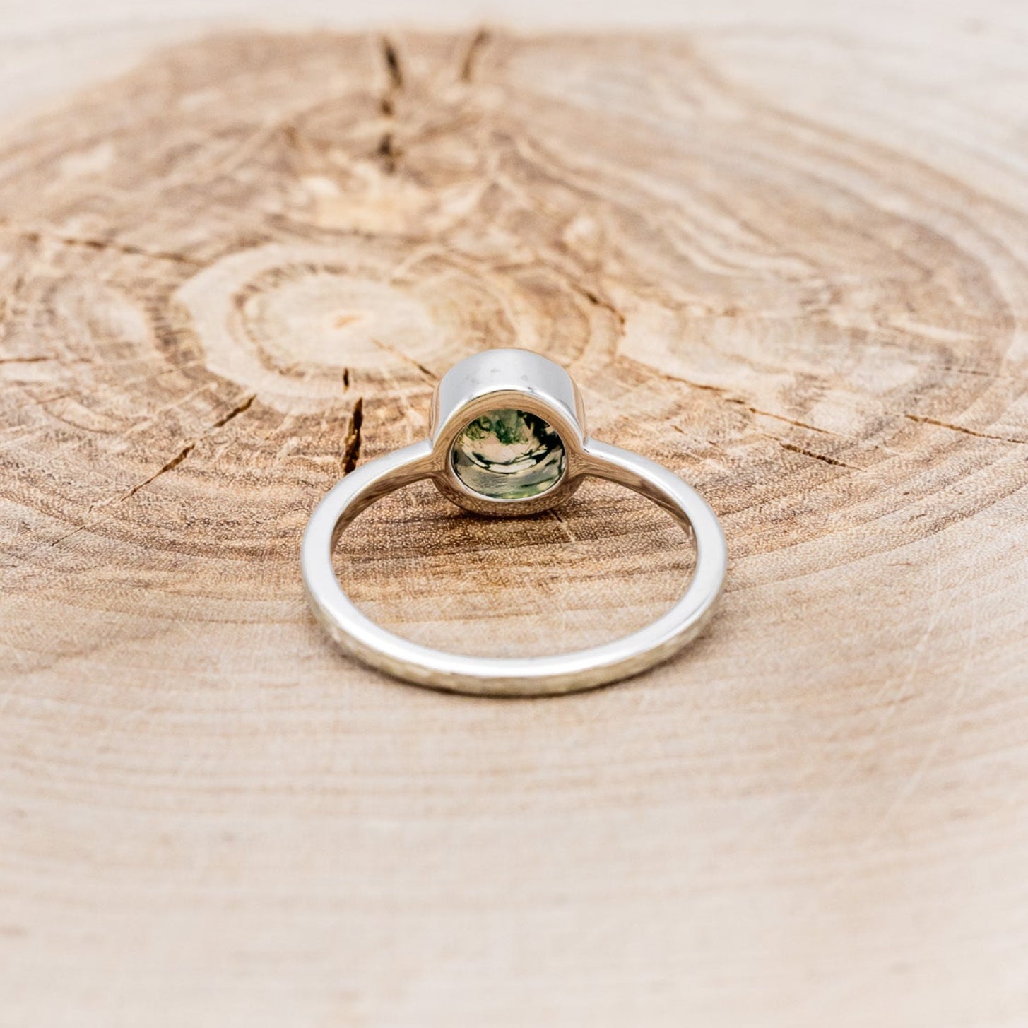 "EVELYN" - BEZEL SET MOSS AGATE SOLITAIRE ENGAGEMENT RING WITH TRACER IN A HAMMERED FINISH-11