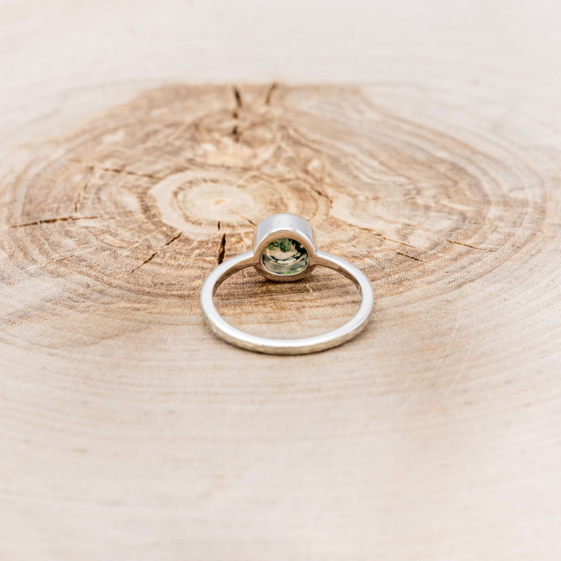 "EVELYN" - BEZEL SET MOSS AGATE SOLITAIRE ENGAGEMENT RING WITH TRACER IN A HAMMERED FINISH-11