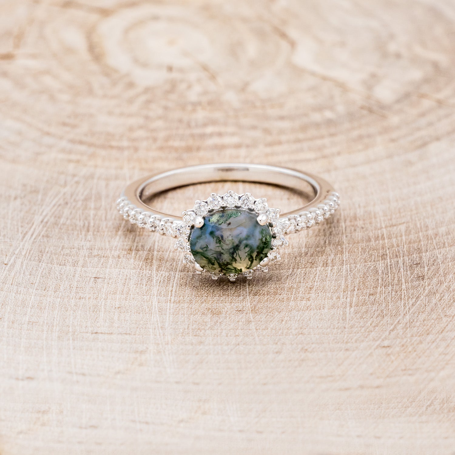 "WHIMSY" - OVAL-SHAPED MOSS AGATE ENGAGEMENT RING WITH DIAMOND ACCENTS & TRACER-18