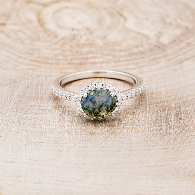 "WHIMSY" - OVAL-SHAPED MOSS AGATE ENGAGEMENT RING WITH DIAMOND ACCENTS & TRACER-18