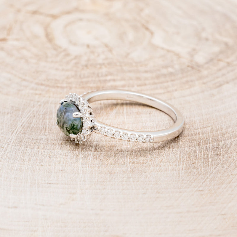 "WHIMSY" - OVAL-SHAPED MOSS AGATE ENGAGEMENT RING WITH DIAMOND ACCENTS & TRACER-19