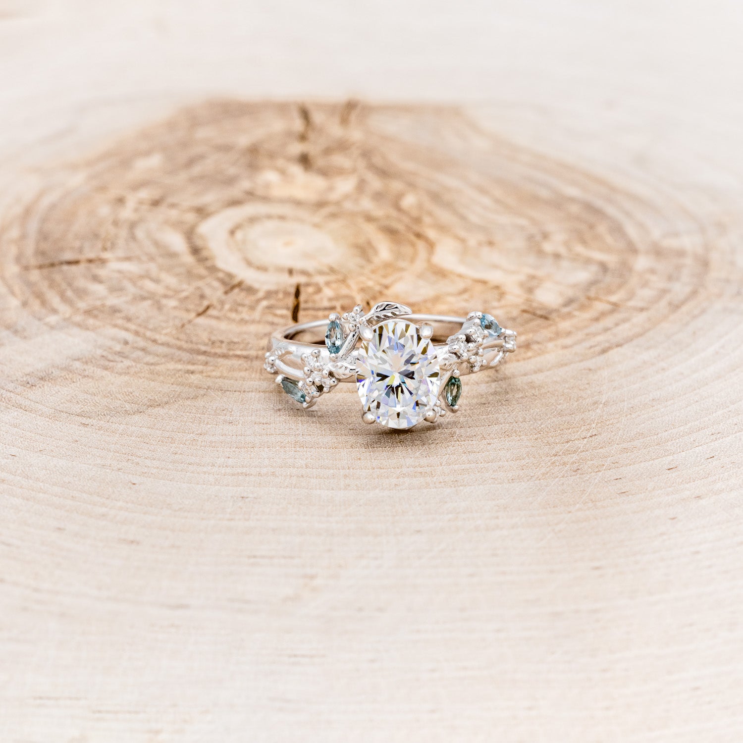 "PALLAS" - OVAL CUT MOISSANITE ENGAGEMENT RING WITH LEAF & GREEN TOURMALINE ACCENTS-Staghead Designs