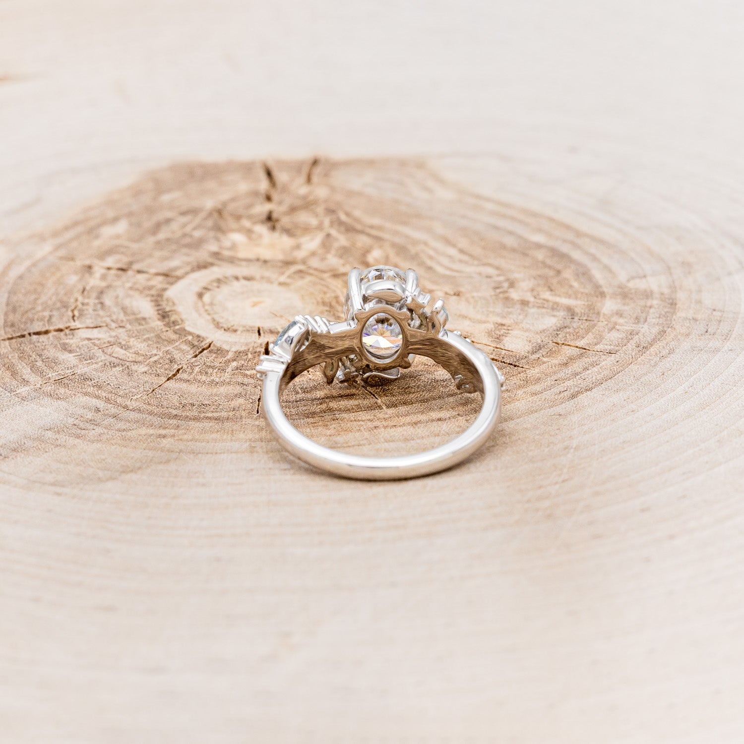 "PALLAS" - OVAL CUT MOISSANITE ENGAGEMENT RING WITH LEAF & GREEN TOURMALINE ACCENTS-Staghead Designs