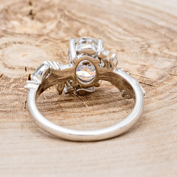 "PALLAS" - OVAL CUT MOISSANITE ENGAGEMENT RING WITH LEAF & GREEN TOURMALINE ACCENTS-Staghead Designs