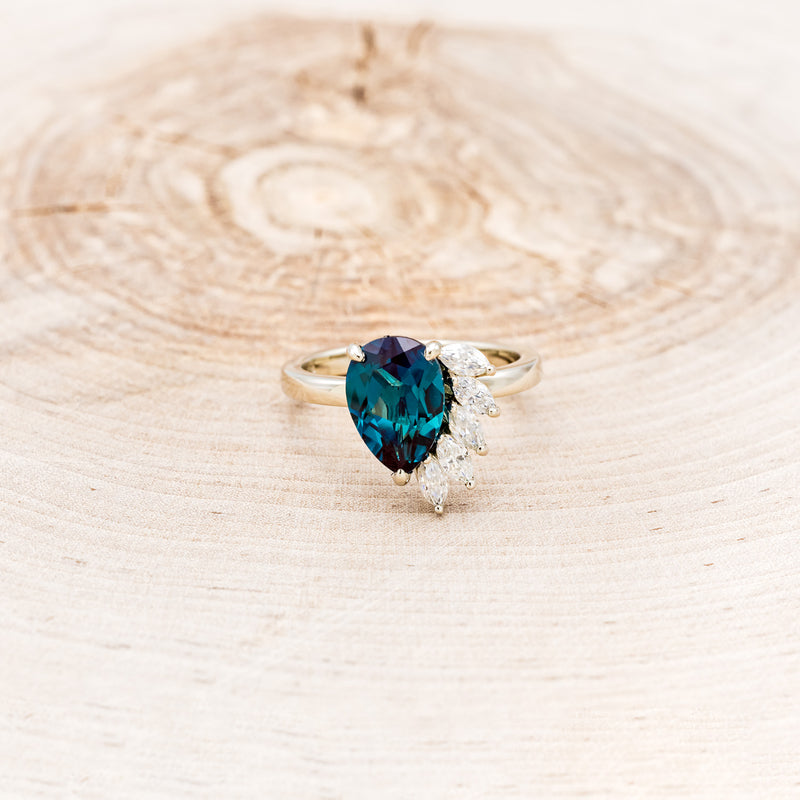 "AMBROSIA" - PEAR-SHAPED LAB-GROWN ALEXANDRITE ENGAGEMENT RING WITH MOISSANITE ACCENTS