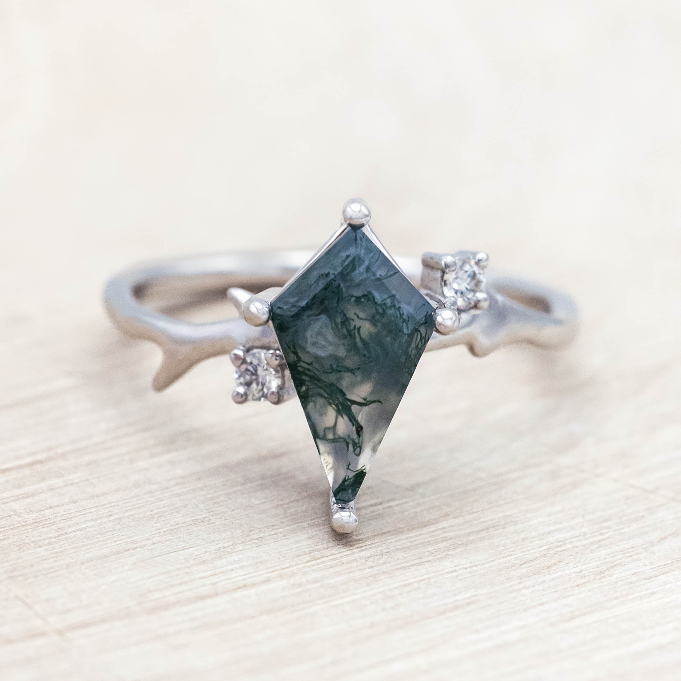 "ARTEMIS" - KITE CUT MOSS AGATE ENGAGEMENT RING WITH ANTLER-STYLE STACKING BAND AND DIAMOND ACCENTS-Staghead Designs