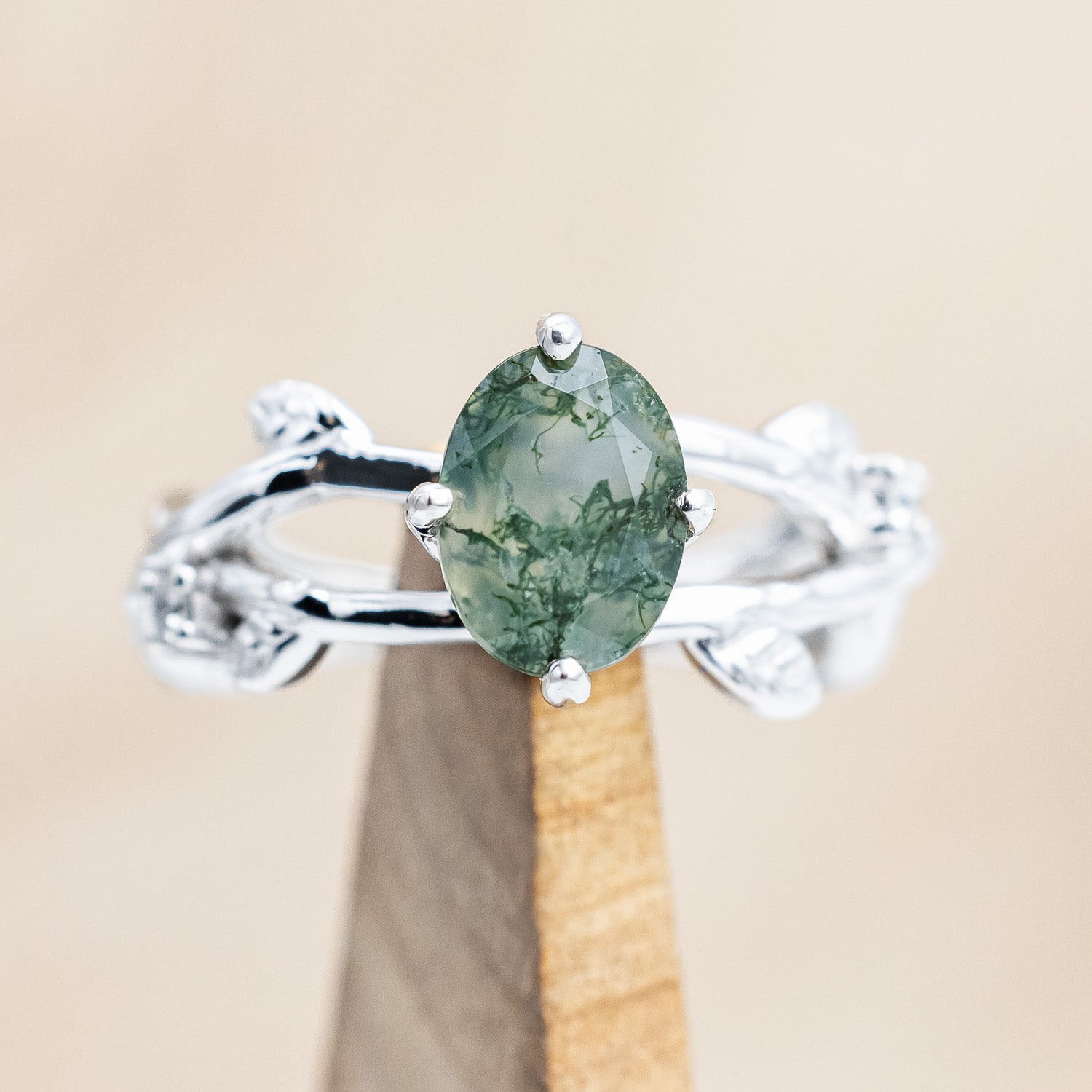 "ARTEMIS ON THE VINE" - OVAL CUT MOSS AGATE ENGAGEMENT RING WITH DIAMOND ACCENTS & A BRANCH-STYLE BAND-Staghead Designs