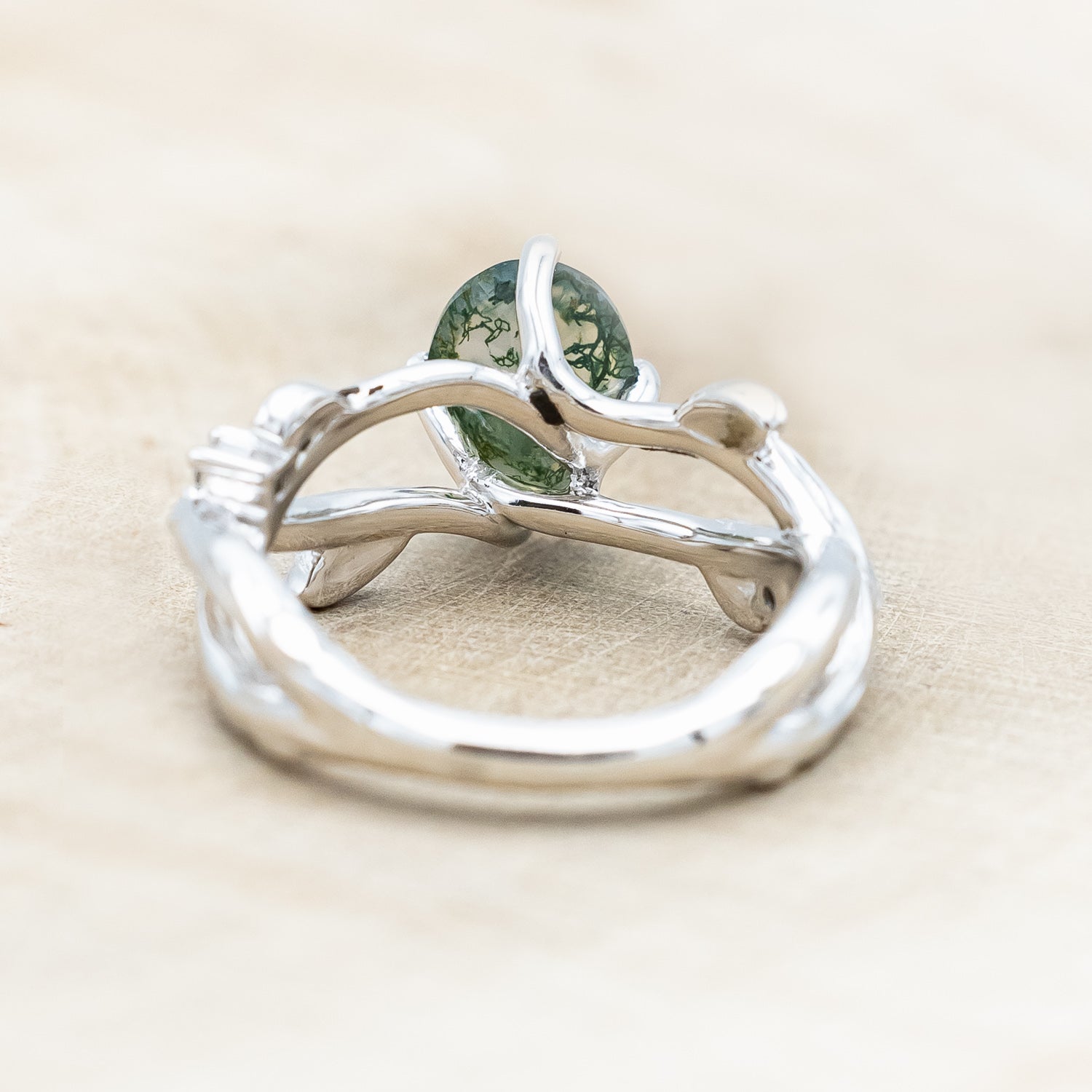 "ARTEMIS ON THE VINE" - OVAL CUT MOSS AGATE ENGAGEMENT RING WITH DIAMOND ACCENTS & A BRANCH-STYLE BAND-Staghead Designs