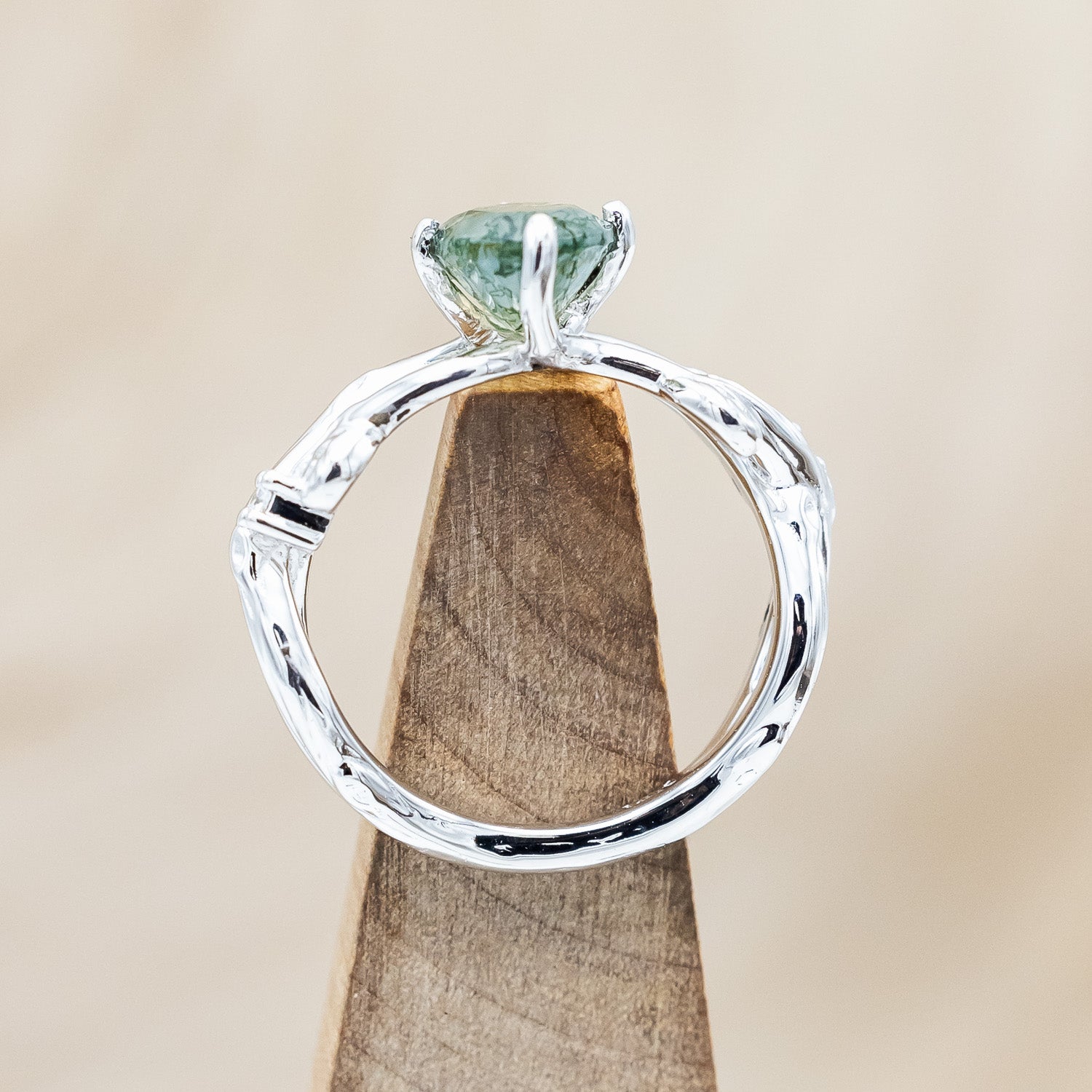 "ARTEMIS ON THE VINE" - OVAL CUT MOSS AGATE ENGAGEMENT RING WITH DIAMOND ACCENTS & A BRANCH-STYLE BAND-Staghead Designs
