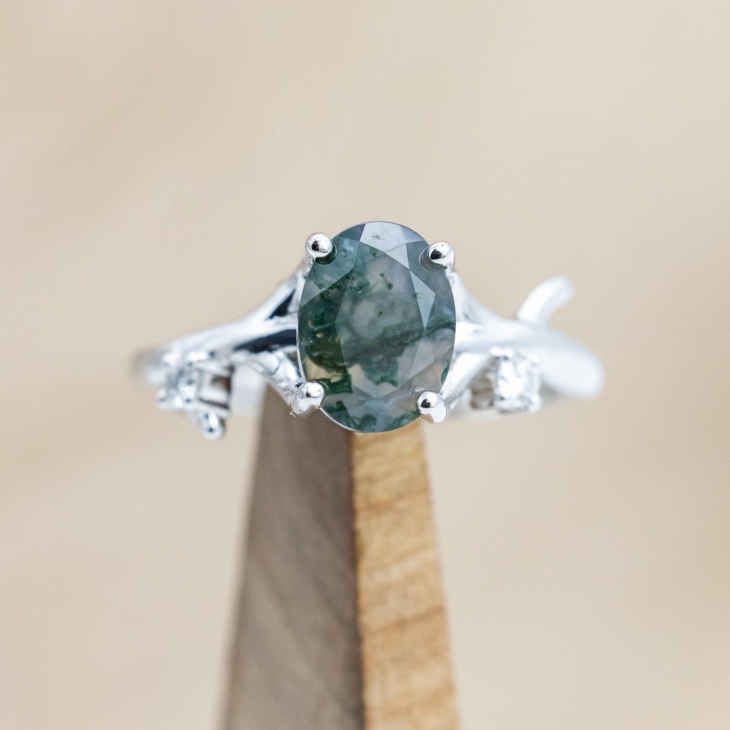 "ARTEMIS" - OVAL CUT MOSS AGATE ENGAGEMENT RING WITH DIAMOND ACCENTS & STACKING BAND-Staghead Designs