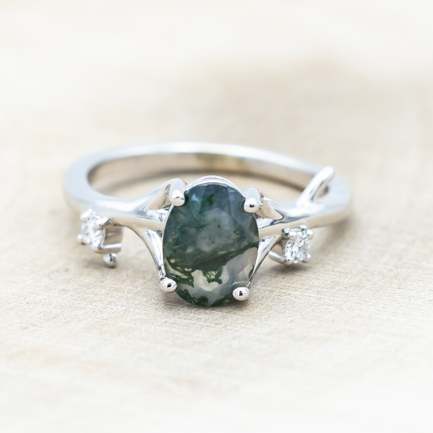 "ARTEMIS" - OVAL CUT MOSS AGATE ENGAGEMENT RING WITH DIAMOND ACCENTS & STACKING BAND-Staghead Designs