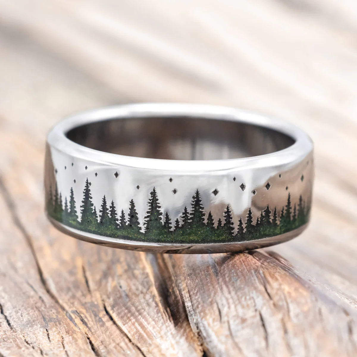 "Timberline" - Tree And Starry Night Engraved Wedding Ring With Mystic Moss - Titanium (8mm) - Size 10