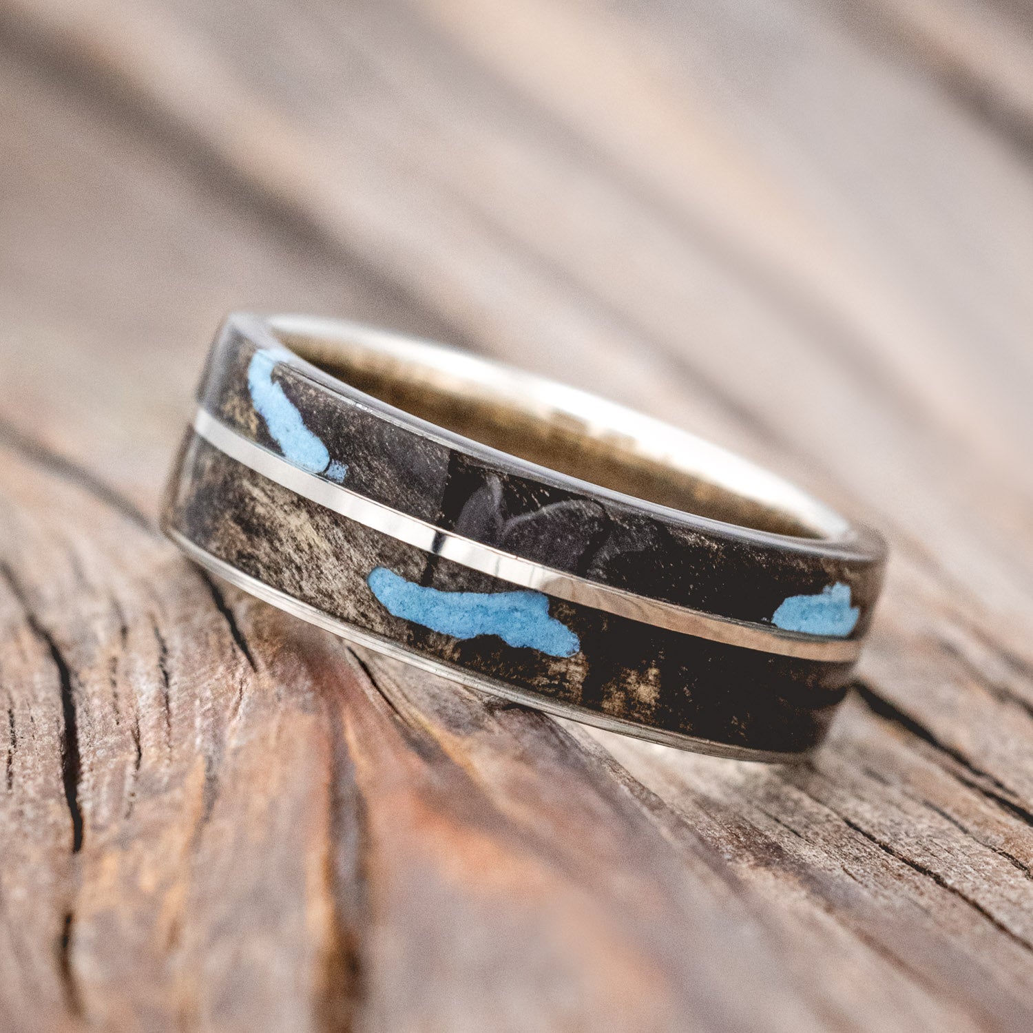 "GOLDEN" - BUCKEYE BURL WOOD & TURQUOISE INLAYS WEDDING BAND-Staghead Designs