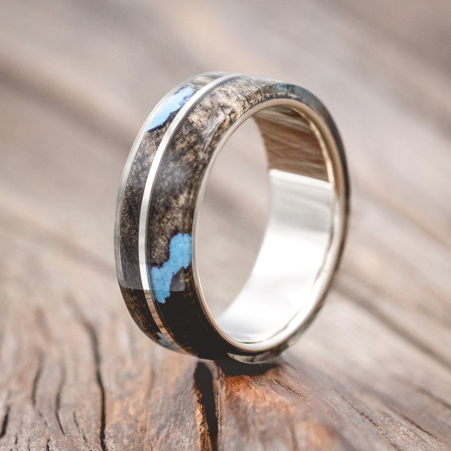 "GOLDEN" - BUCKEYE BURL WOOD & TURQUOISE INLAYS WEDDING BAND-Staghead Designs