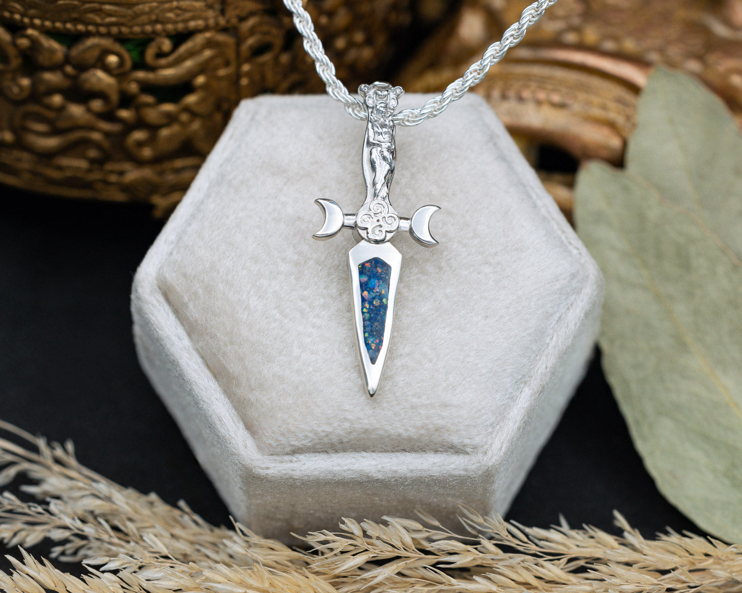Silver Goddess Dagger Pendant with  Crushed Blue Opal and Lapis Lazuli Mix