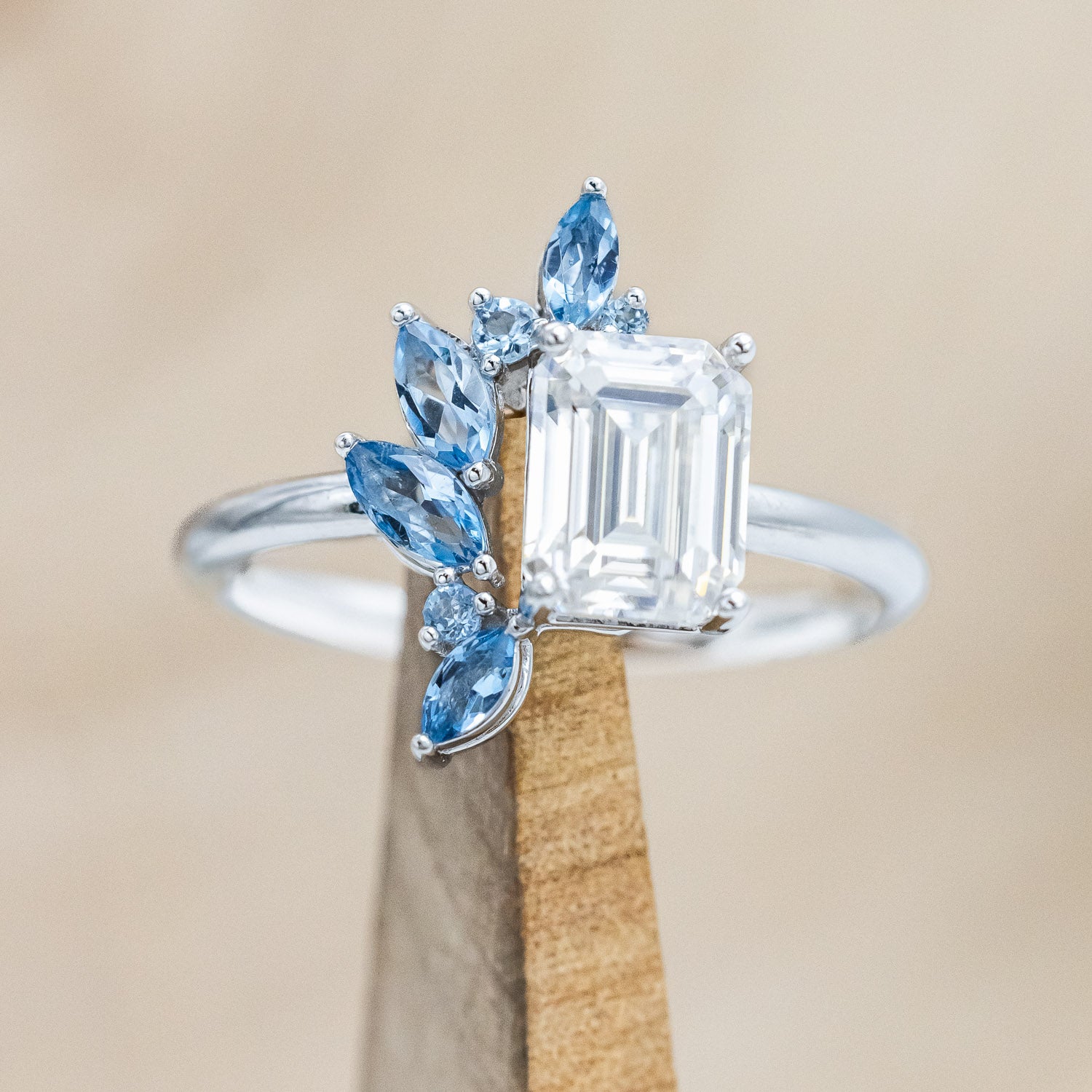 "ISABELLA" - EMERALD CUT MOISSANITE ENGAGEMENT RING WITH AQUAMARINE ACCENTS-Staghead Designs