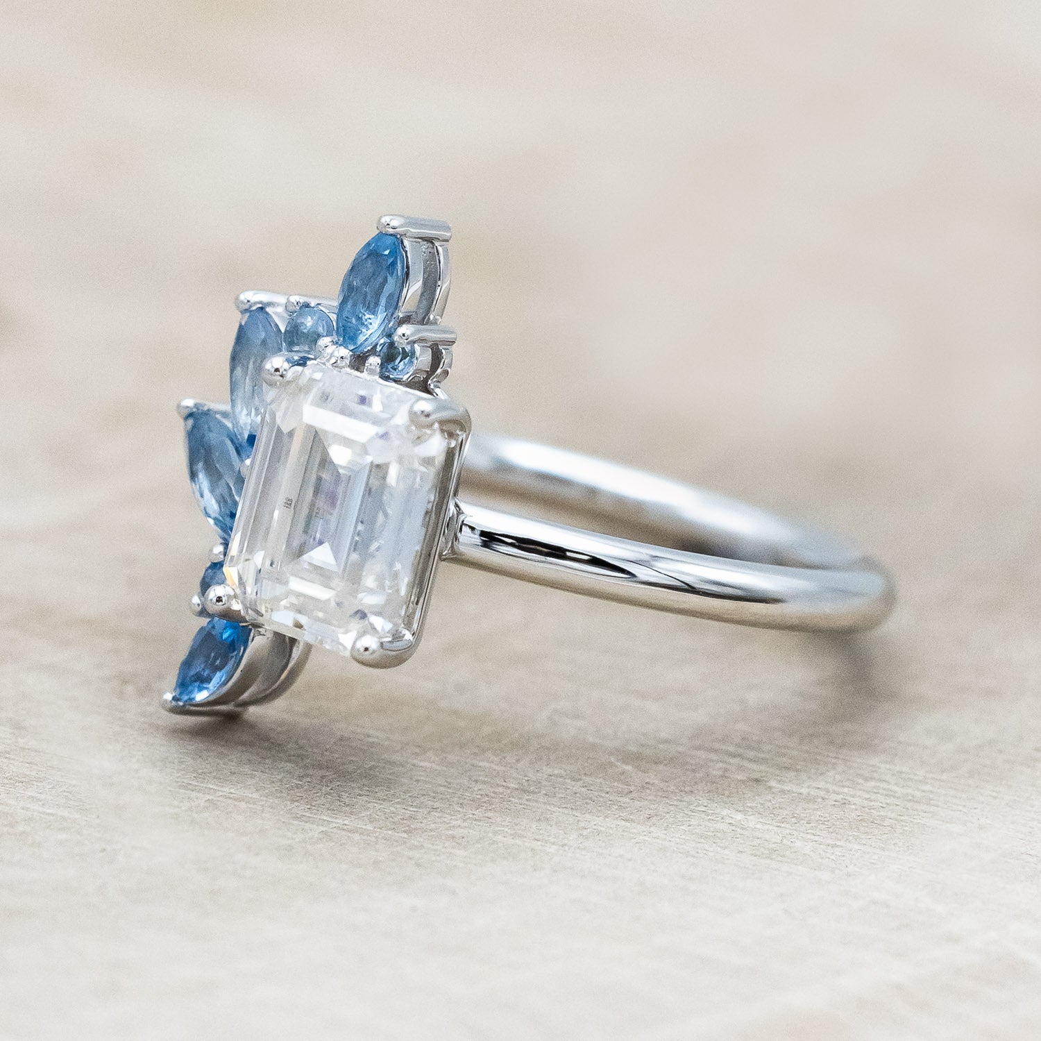 "ISABELLA" - EMERALD CUT MOISSANITE ENGAGEMENT RING WITH AQUAMARINE ACCENTS-Staghead Designs