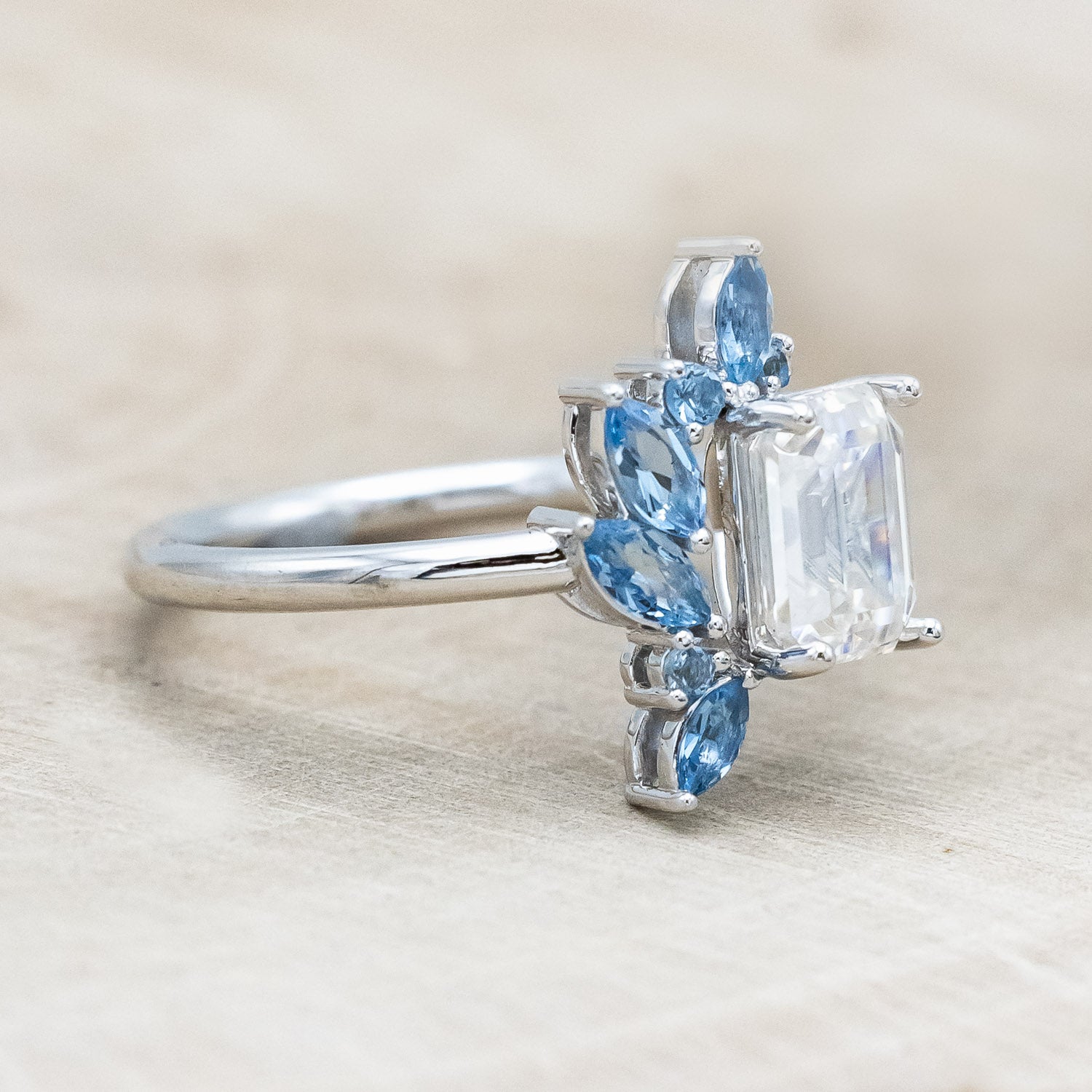 "ISABELLA" - EMERALD CUT MOISSANITE ENGAGEMENT RING WITH AQUAMARINE ACCENTS-Staghead Designs