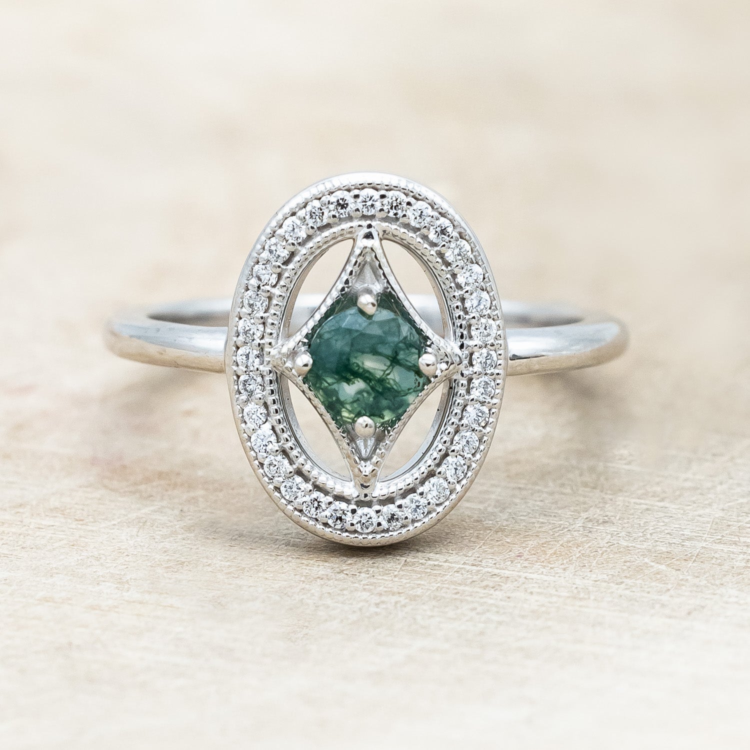 "LEVINA" - ROUND CUT MOSS AGATE ENGAGEMENT RING WITH DIAMOND HALO-Staghead Designs