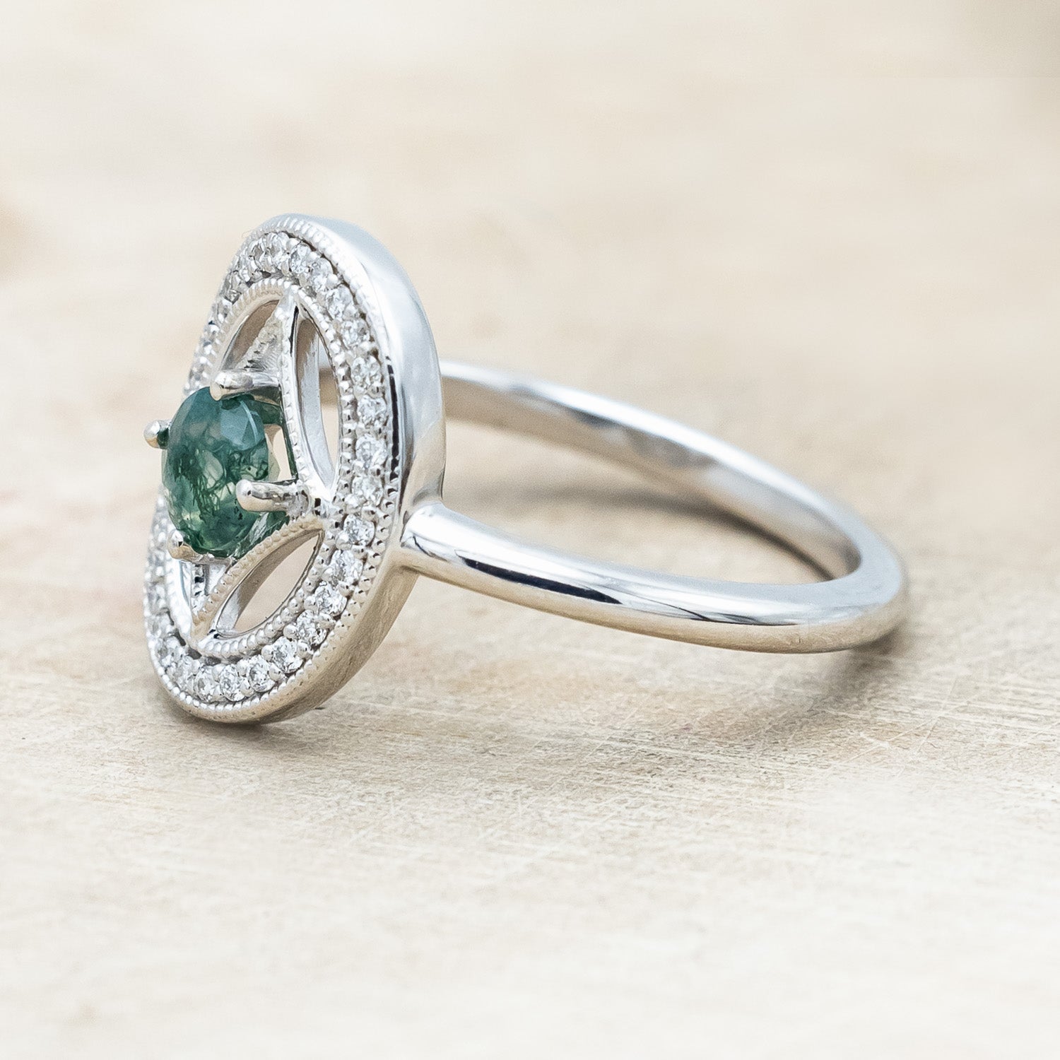 "LEVINA" - ROUND CUT MOSS AGATE ENGAGEMENT RING WITH DIAMOND HALO-Staghead Designs