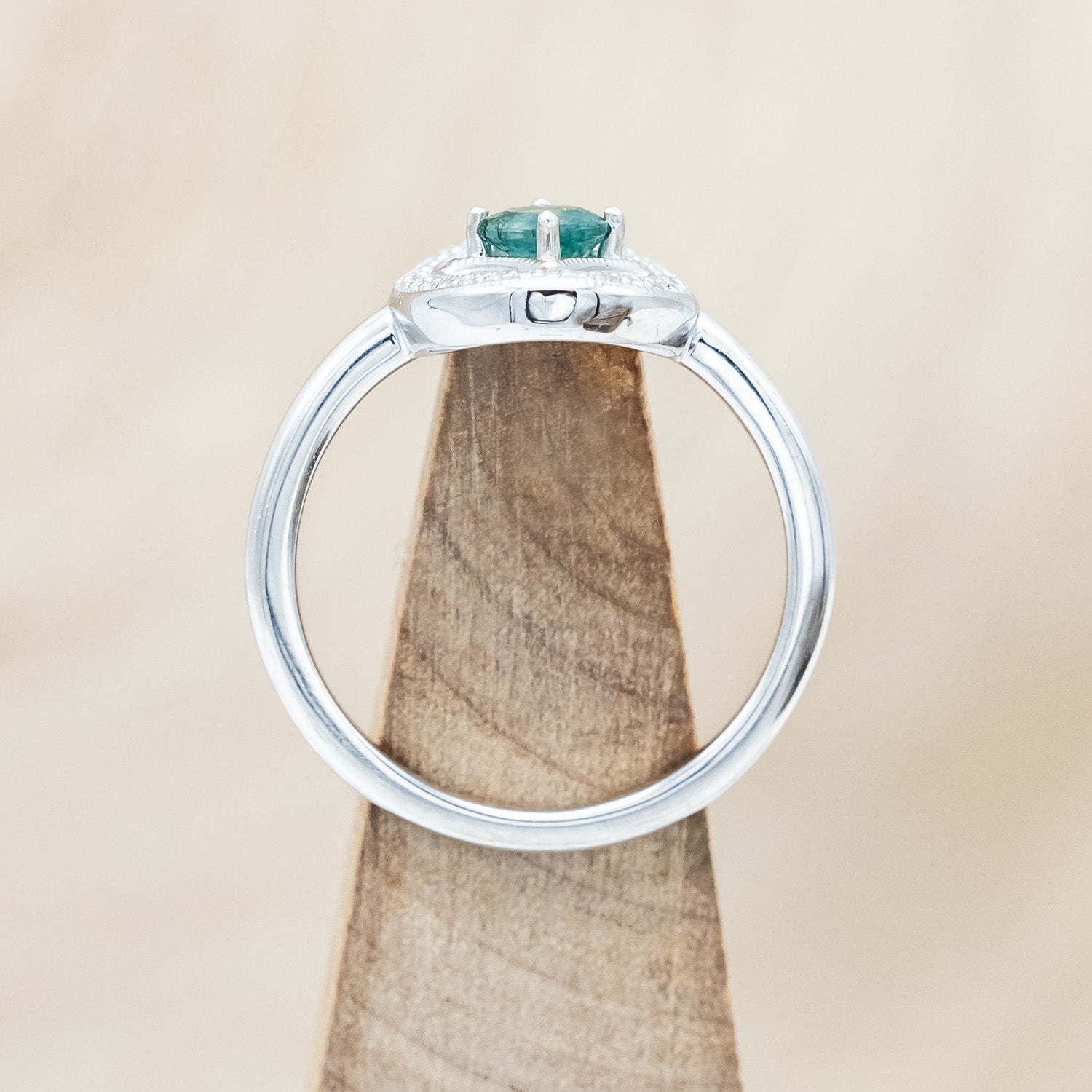 "LEVINA" - ROUND CUT MOSS AGATE ENGAGEMENT RING WITH DIAMOND HALO-Staghead Designs
