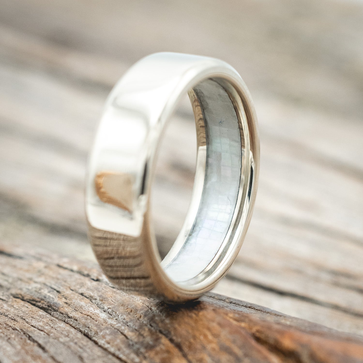 MOTHER OF PEARL LINED WEDDING RING-Staghead Designs