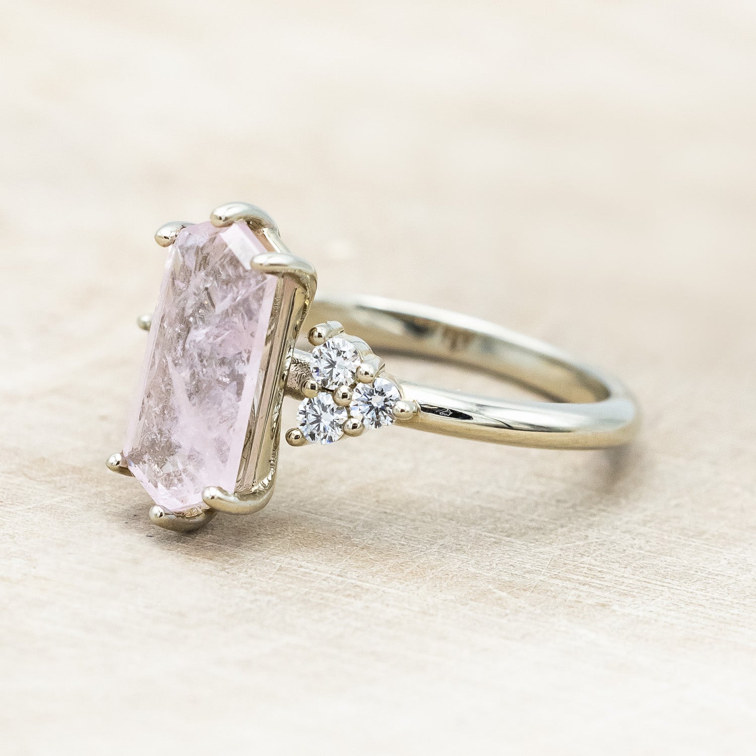 ONE-OF-A-KIND - "OCTAVIA" - ELONGATED HEXAGON CUT MORGANITE ENGAGEMENT RING WITH DIAMOND ACCENTS-Staghead Designs