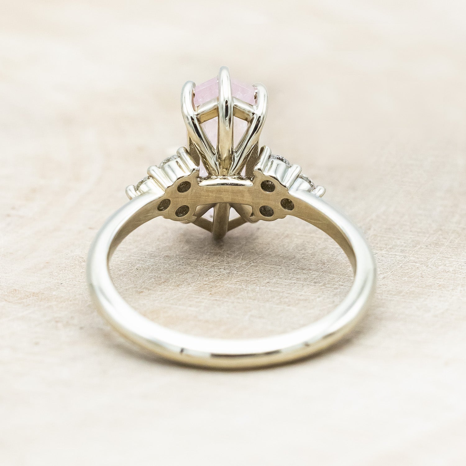 ONE-OF-A-KIND - "OCTAVIA" - ELONGATED HEXAGON CUT MORGANITE ENGAGEMENT RING WITH DIAMOND ACCENTS-Staghead Designs