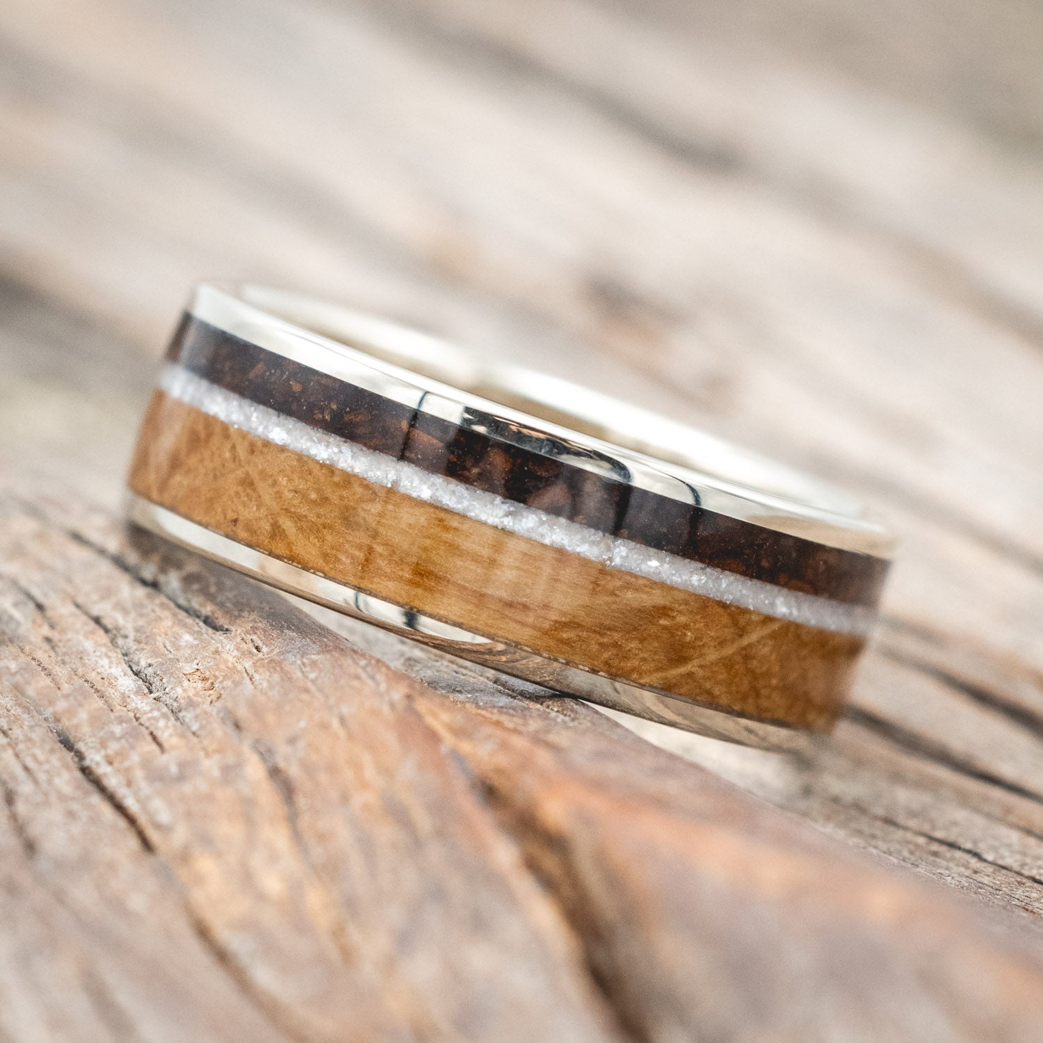 "RAINIER" - DIAMOND DUST, WHISKEY BARREL & COFFEE INLAY WEDDING BAND-Staghead Designs