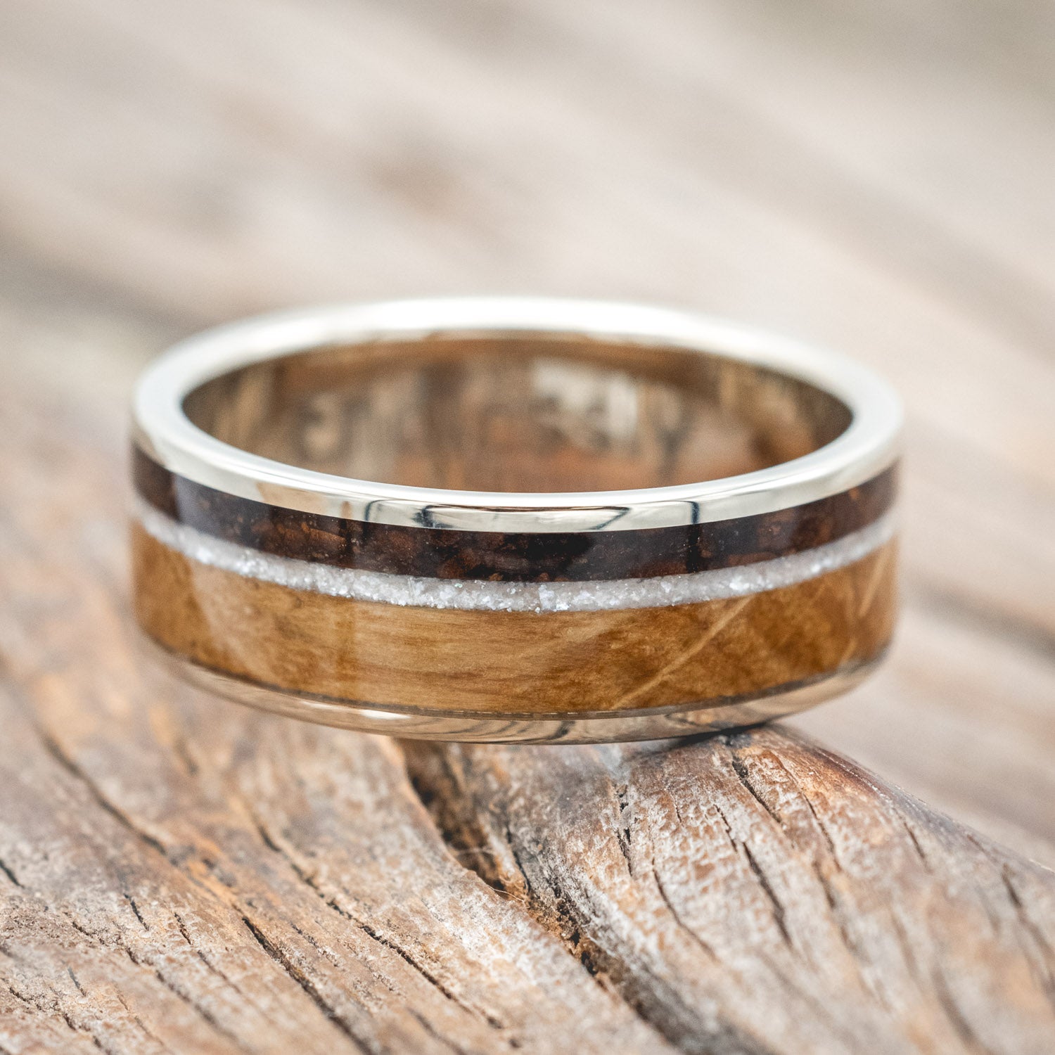 "RAINIER" - DIAMOND DUST, WHISKEY BARREL & COFFEE INLAY WEDDING BAND-Staghead Designs