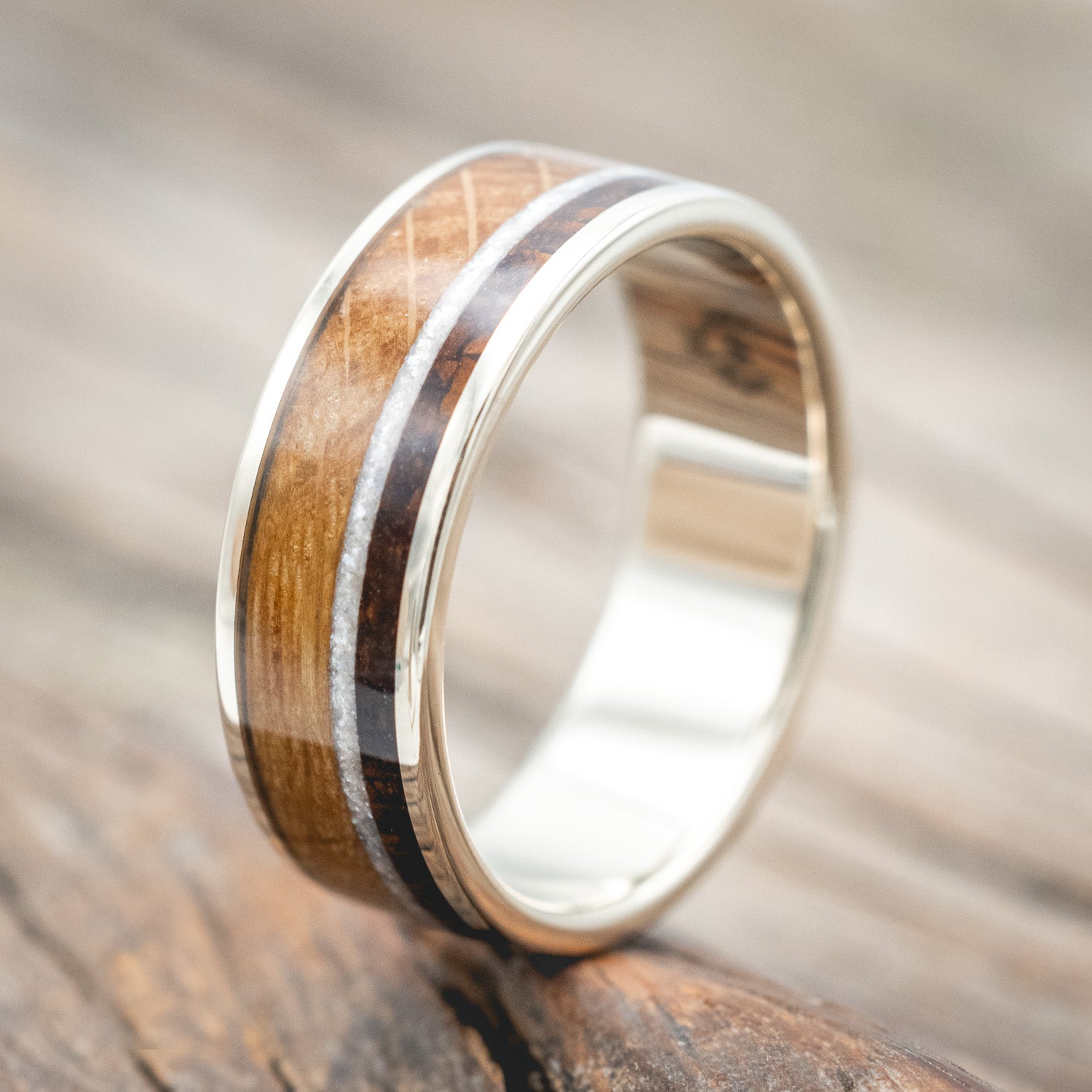 "RAINIER" - DIAMOND DUST, WHISKEY BARREL & COFFEE INLAY WEDDING BAND-Staghead Designs
