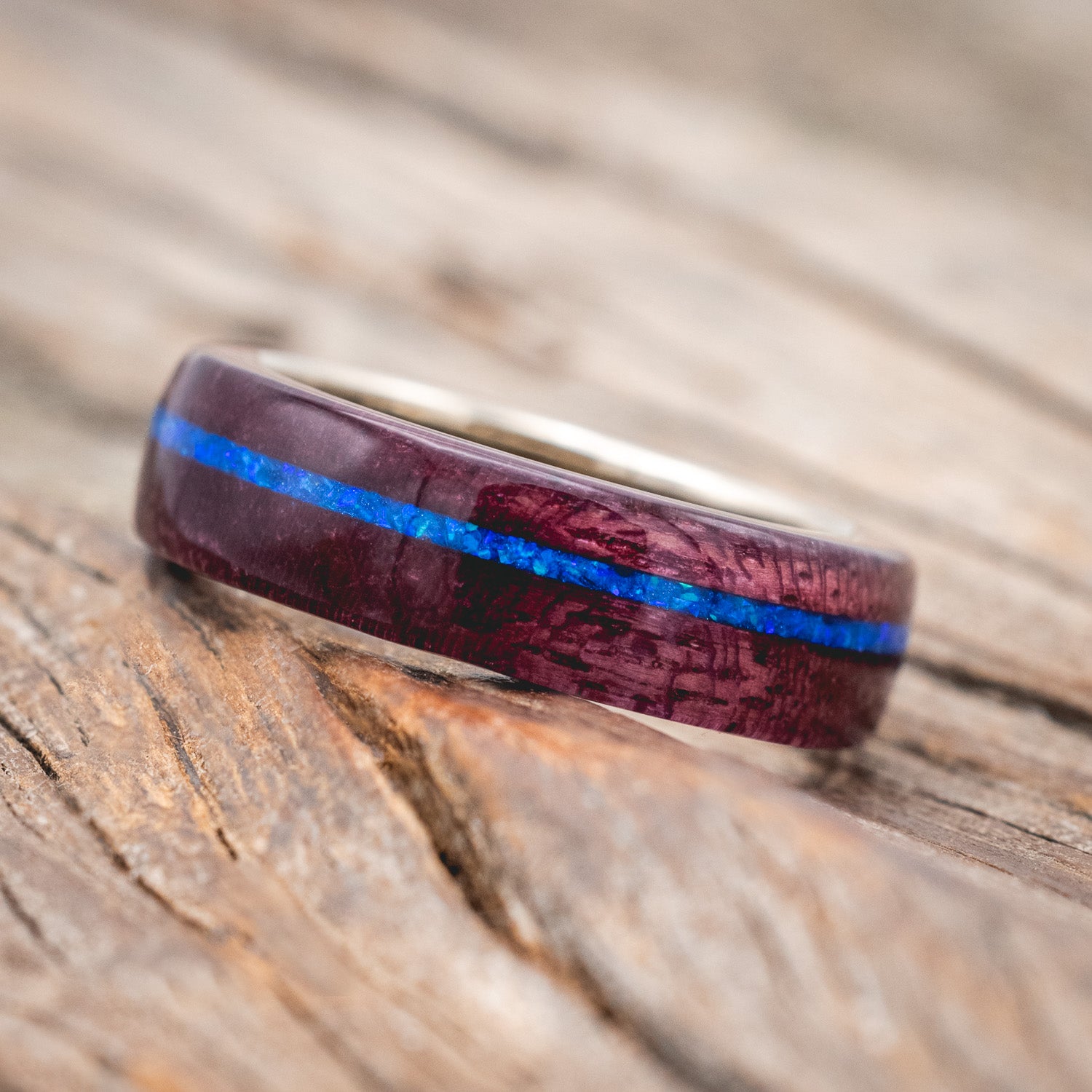 "REMMY" - PURPLE HEART WOOD WEDDING BAND WITH A BLUE OPAL INLAY-Staghead Designs