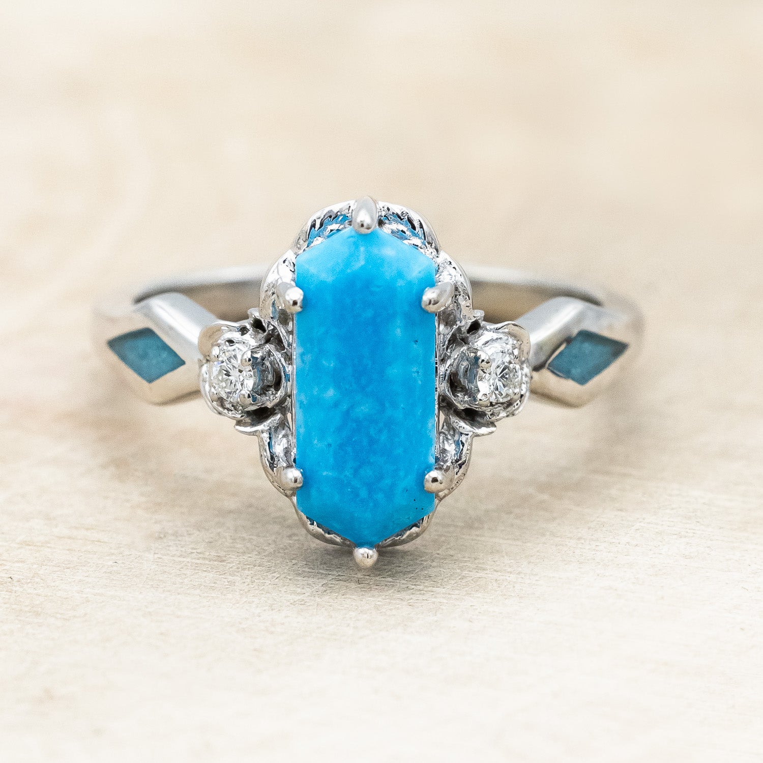 "ROSETTA" - ELONGATED HEXAGON CUT STABILIZED TURQUOISE ENGAGEMENT RING WITH DIAMOND ACCENTS & TURQUOISE INLAYS-Staghead Designs