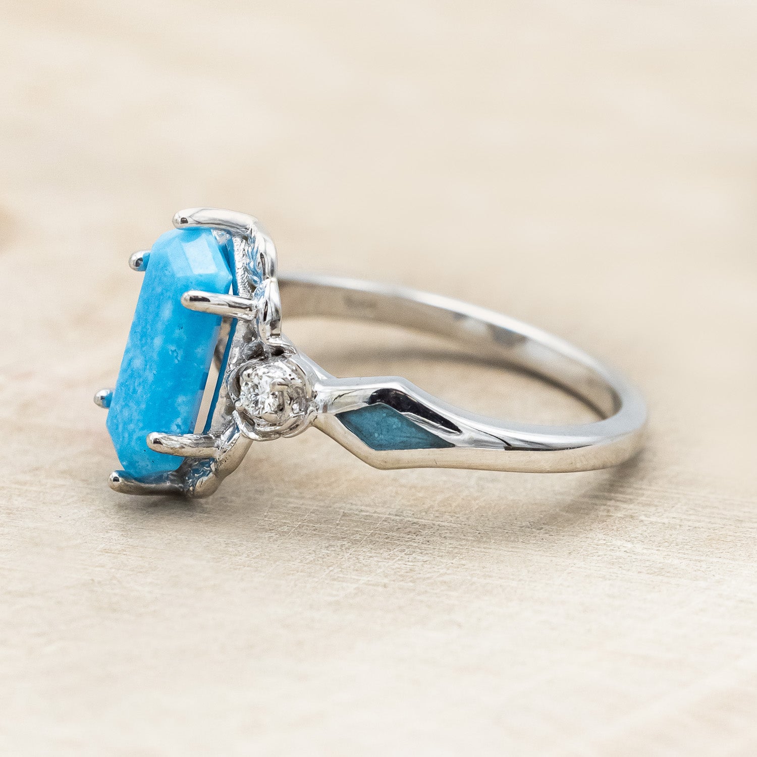 "ROSETTA" - ELONGATED HEXAGON CUT STABILIZED TURQUOISE ENGAGEMENT RING WITH DIAMOND ACCENTS & TURQUOISE INLAYS-Staghead Designs